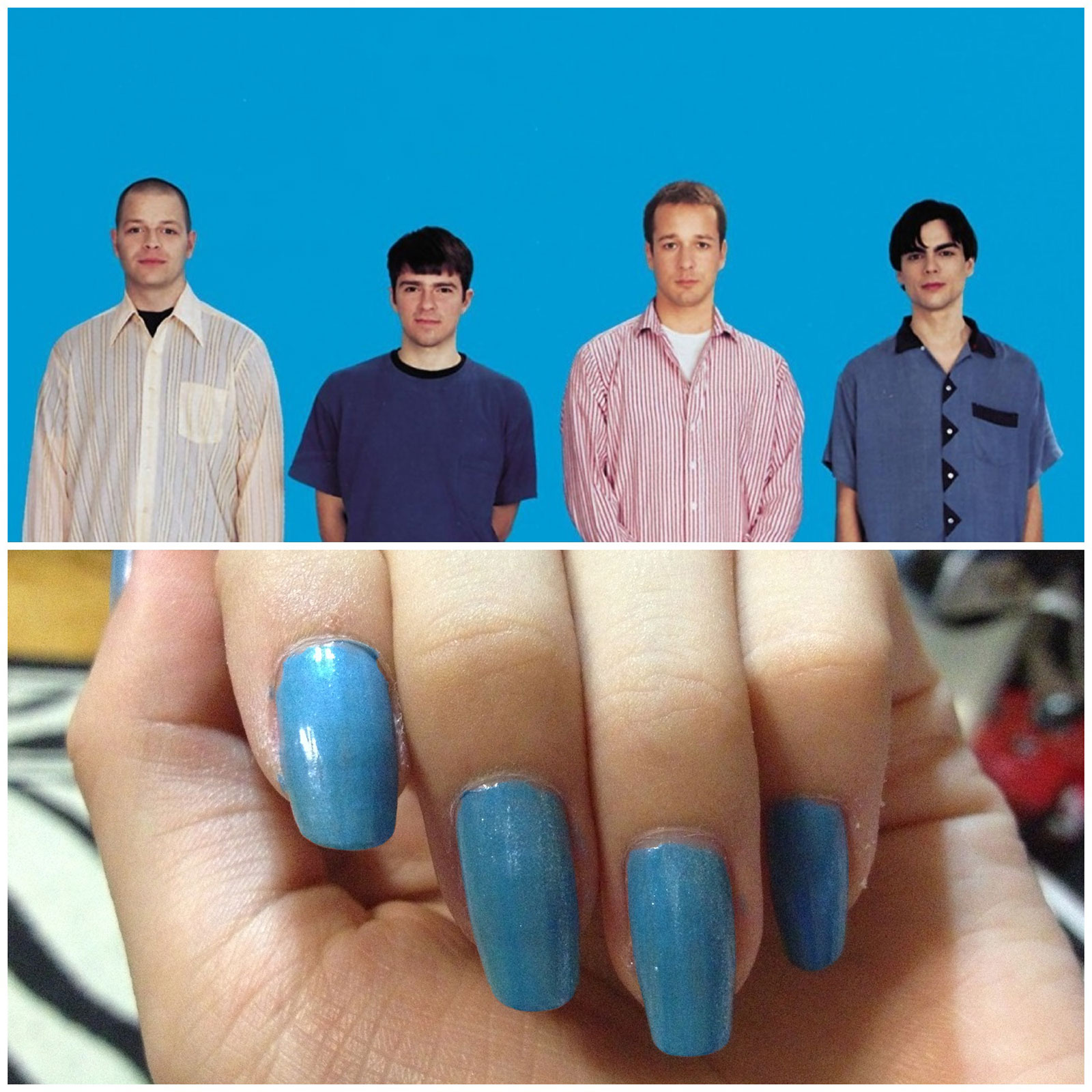Comparison of the Weezer blue album and the colour on my nails