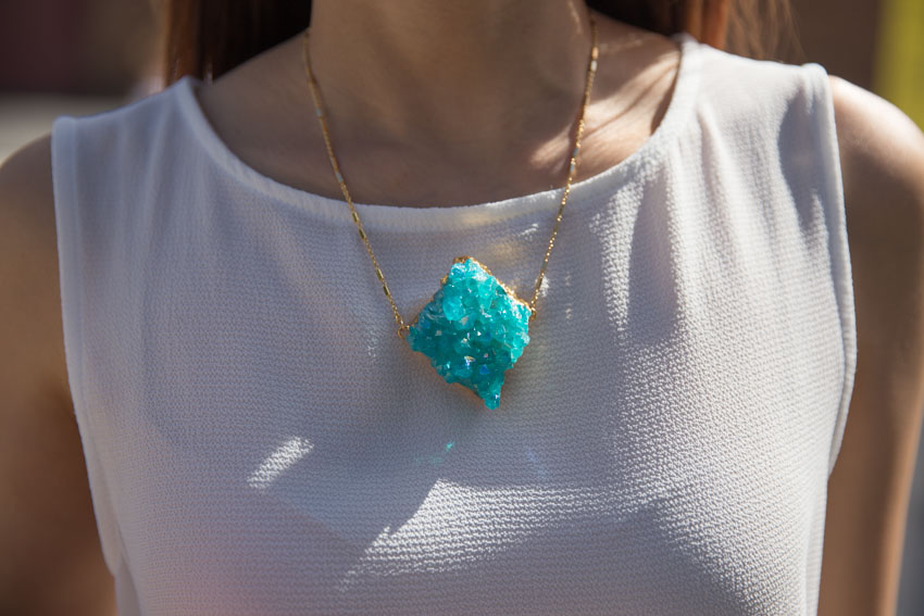 close up of giant aqua crystal necklace