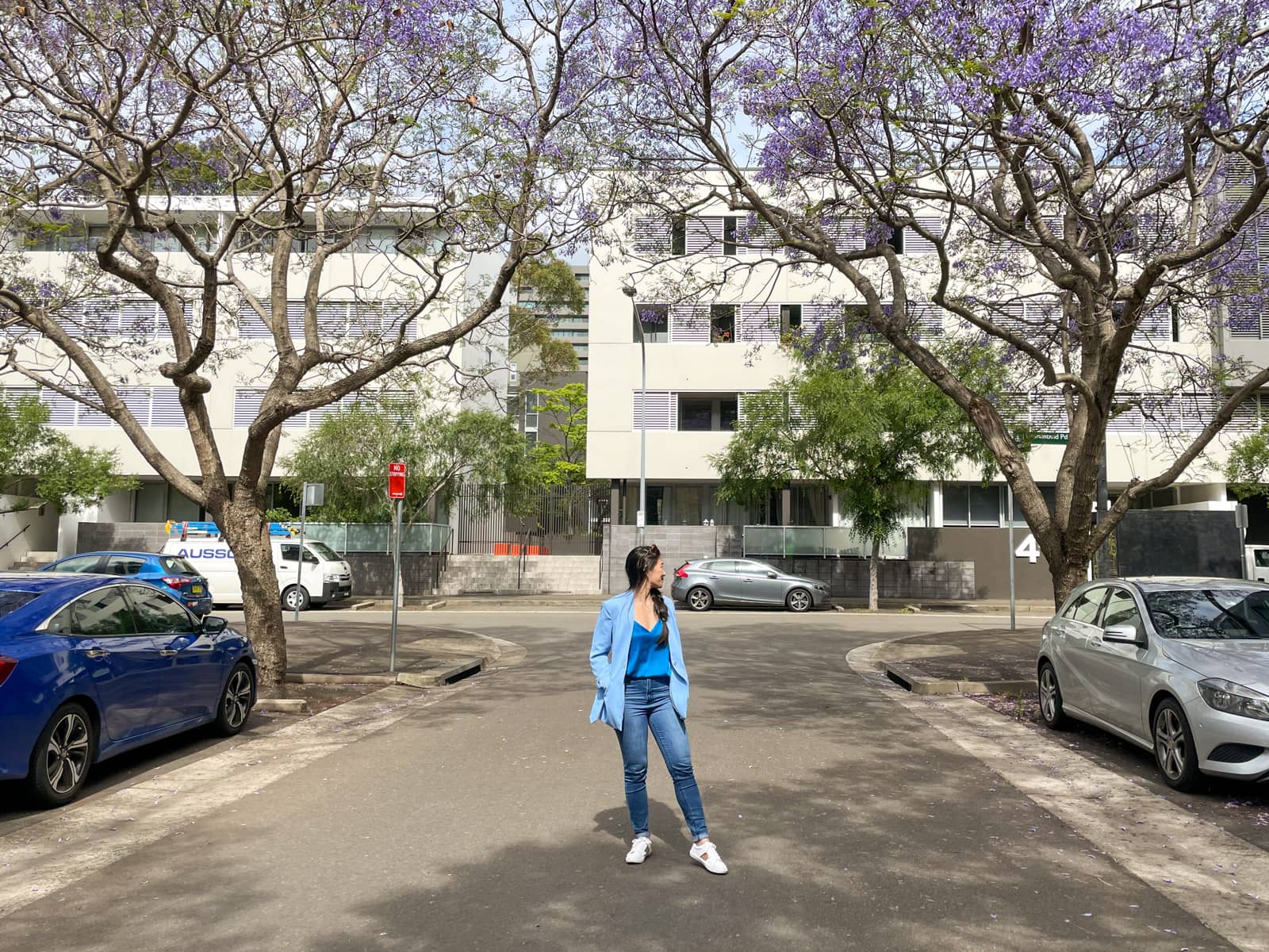 A woman with fair skin and long dark hair braided loosely in a side braid, standing in the middle of a quiet street. She is wearing a light blue blazer and blue jeans with white sneakers. She is looking over her shoulder and above her there is a canopy of jacaranda trees