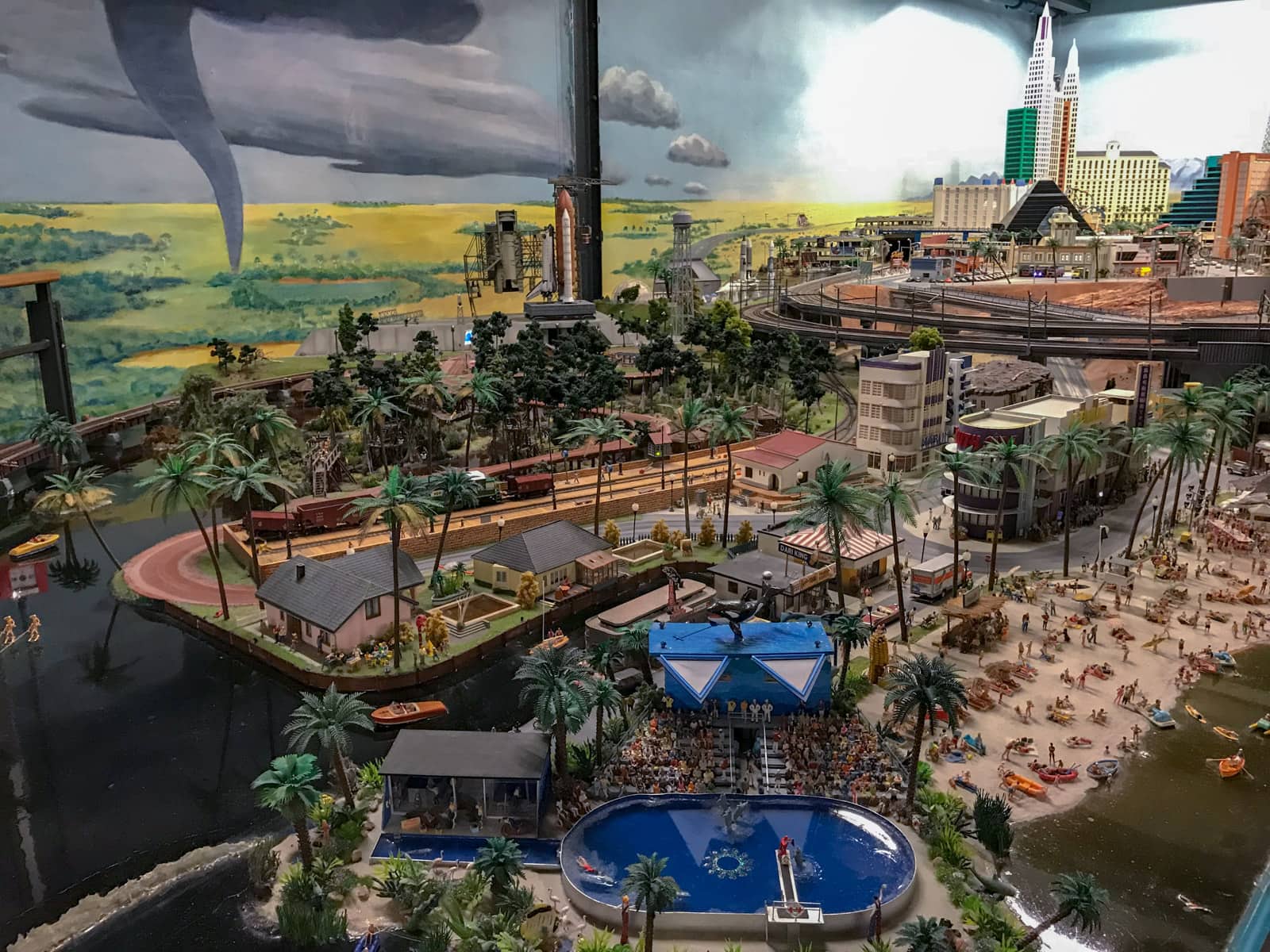 A miniature replica of a beach resort, as part of a model railway, with dozens of people and real water. There is exceptional detail.