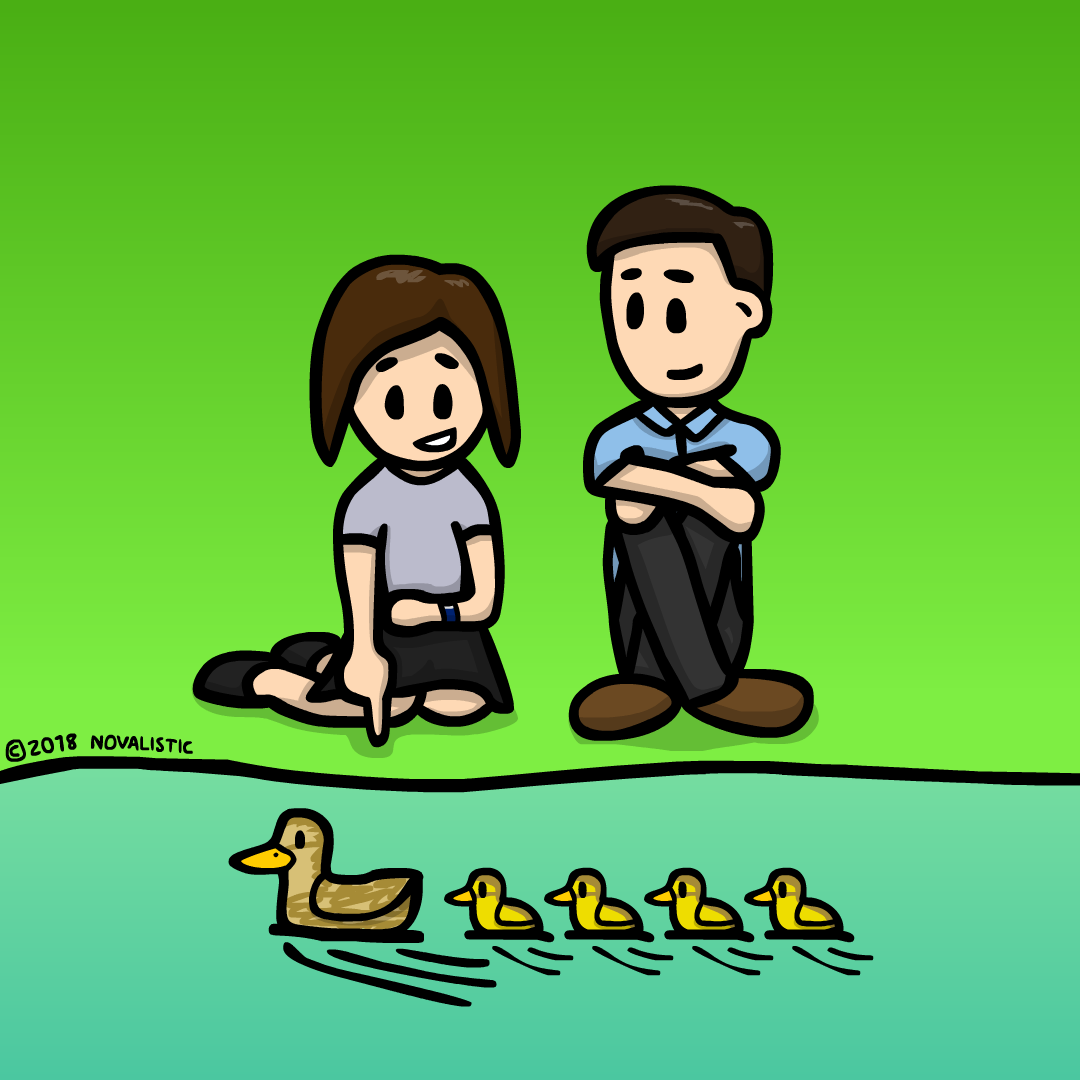 A computer created illustration of a girl with short dark hair and a boy with short dark hair sitting by a river and watching a mother duck and four ducks in line. The girl is pointing at the ducks.
