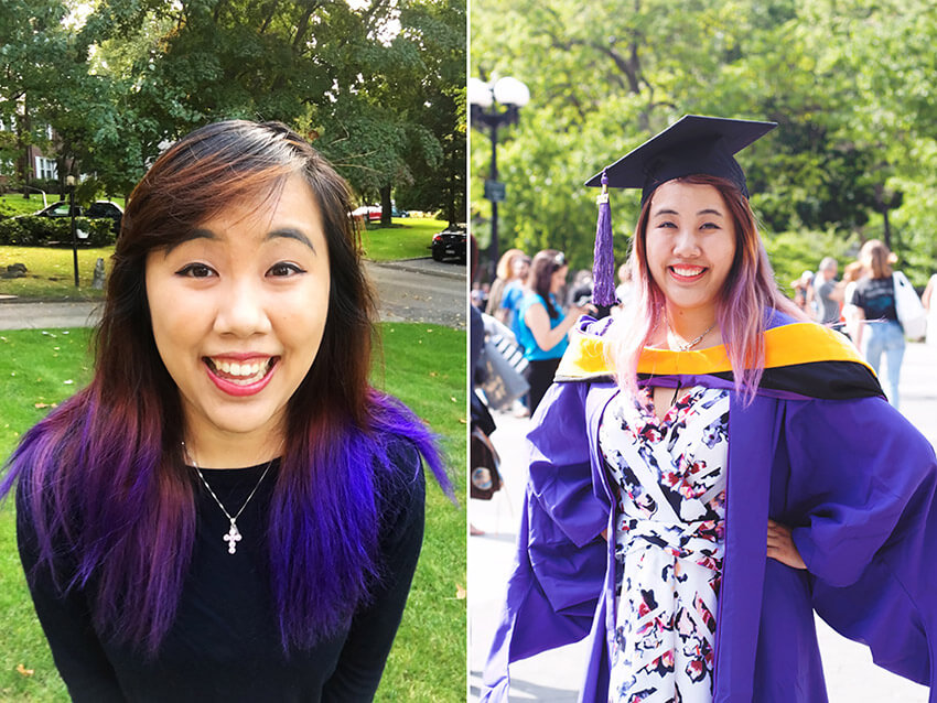 A diptych showing a girl, smiling in both photos, with dark that is purple on the bottom half. In the first photo she is wearing a black top. In the second photo she is wearing a patterned dress and a purple graduation robe and hat.