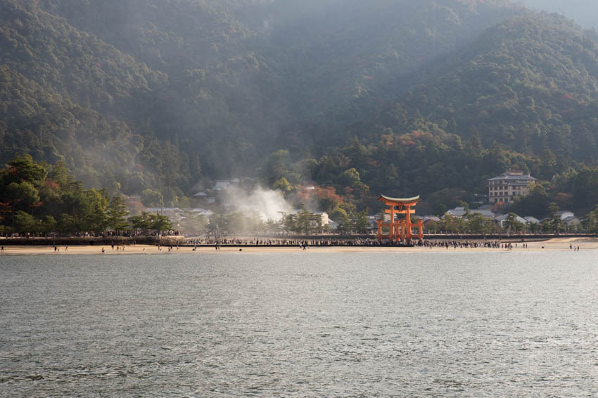 Itsukushima Shrine, the great torii gate, as seen from the ferry