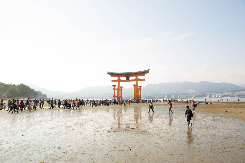 Itsukushima Shrine, the great torii gate, at low tide