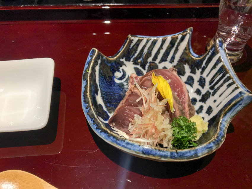 Bonito (a type of fish) sashimi in a small dish