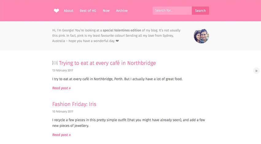 Screenshot of my blog with pink theming for Valentine’s Day