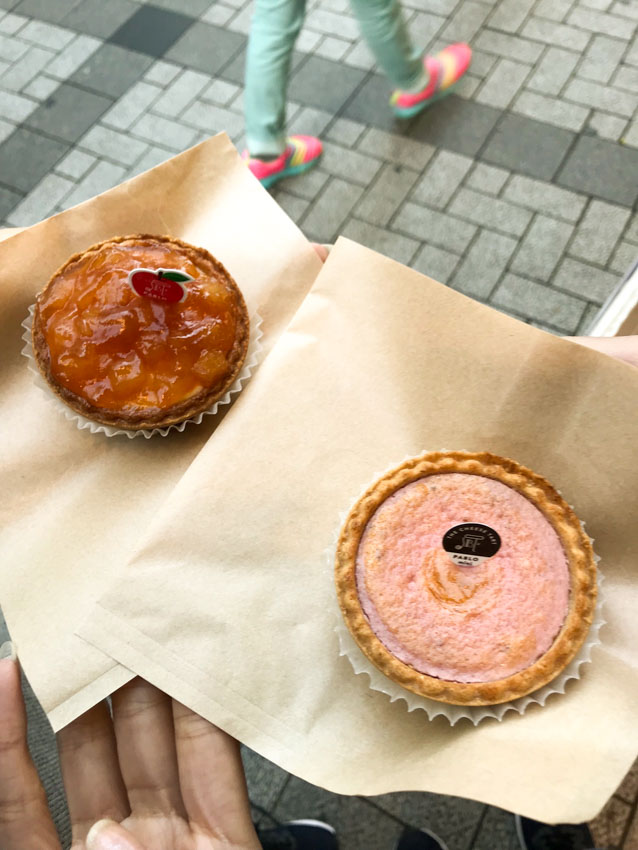Two round cheese tarts sitting on paper napkins on a person’s hand. One tart is glazed like an apple pie and golden brown in colour; the other is pale pink.