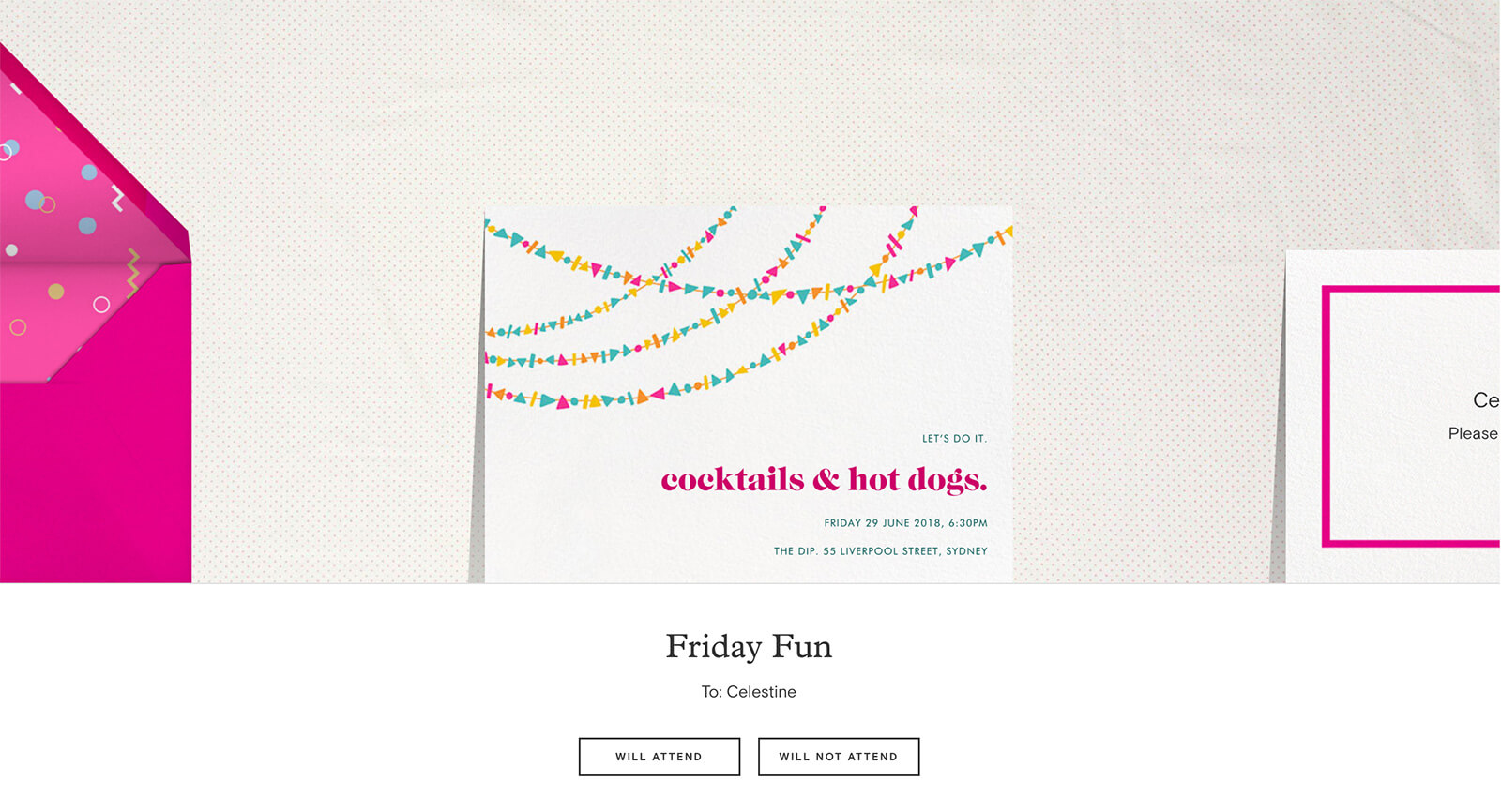 Screenshot of Paperless Post showing an invitation as it is received. The events read “cocktails & hot dogs.”