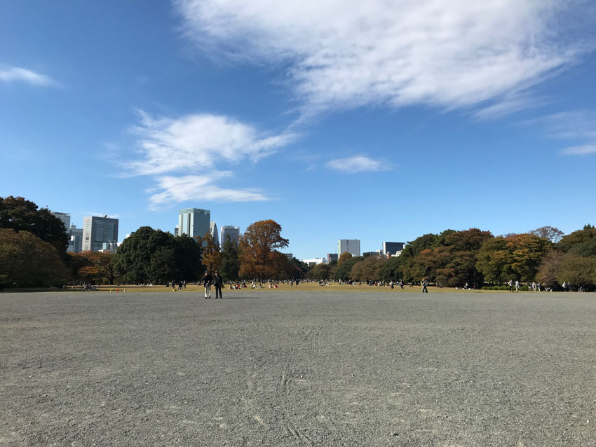 Grey gravel in the foreground leads to a wide pale green grassy area with people seated on the ground. Many autumn trees line the edges of the area, and high-rise city buildings are visible in the background. The sky is blue with some white patchy clouds