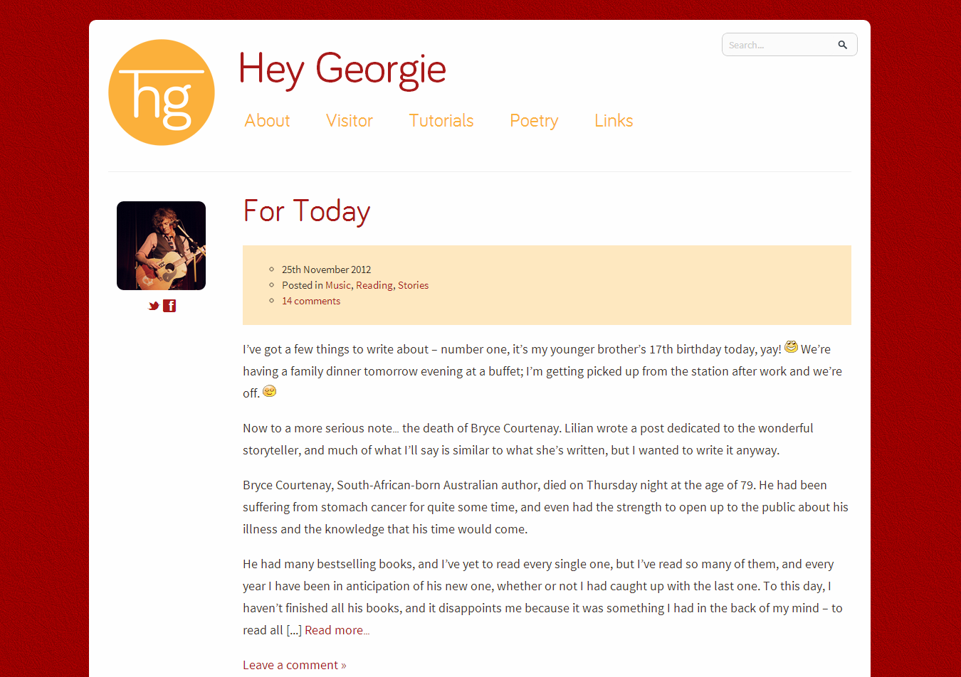 A screenshot of a blog with a red and orange theme