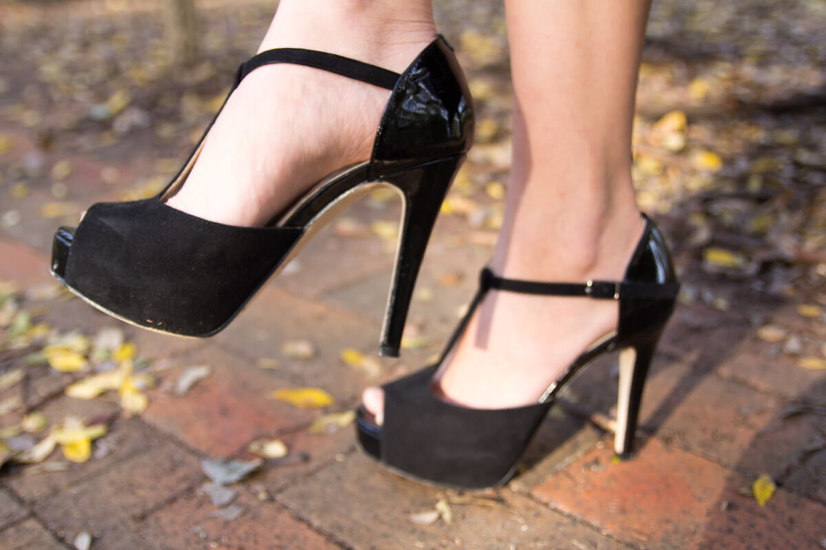 Close up of black platform shoes