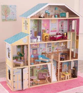 A girly, modern doll house with stairs and elevator