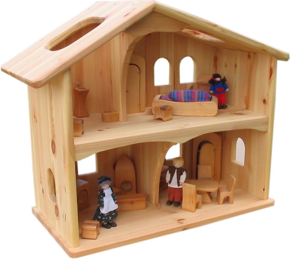 A two-storey wooden doll house with slightly distinct rooms, but no stairs