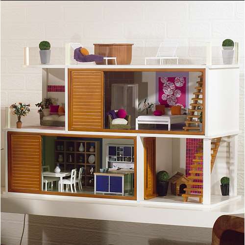 A simple doll house with stairs and doors