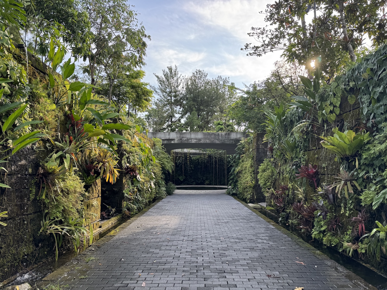 Dark brick walkway through dense tropical greenery, leading beneath an elevated circular concrete loop, which is part of a water feature consisting of rain-like dripping around the loop.