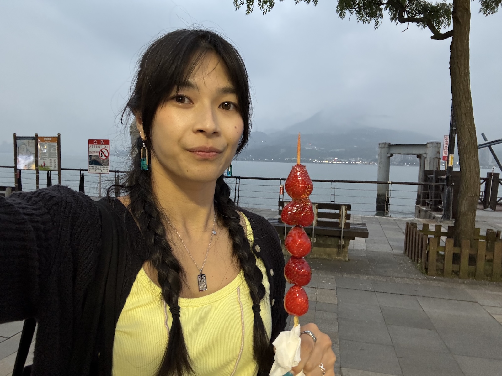 A selfie of a person with long dark hair and wearing a yellow top and black cardigan, holding a skewer with sugar glazed strawberries. It is evening and there is a waterfront behind them with a cloudy sky