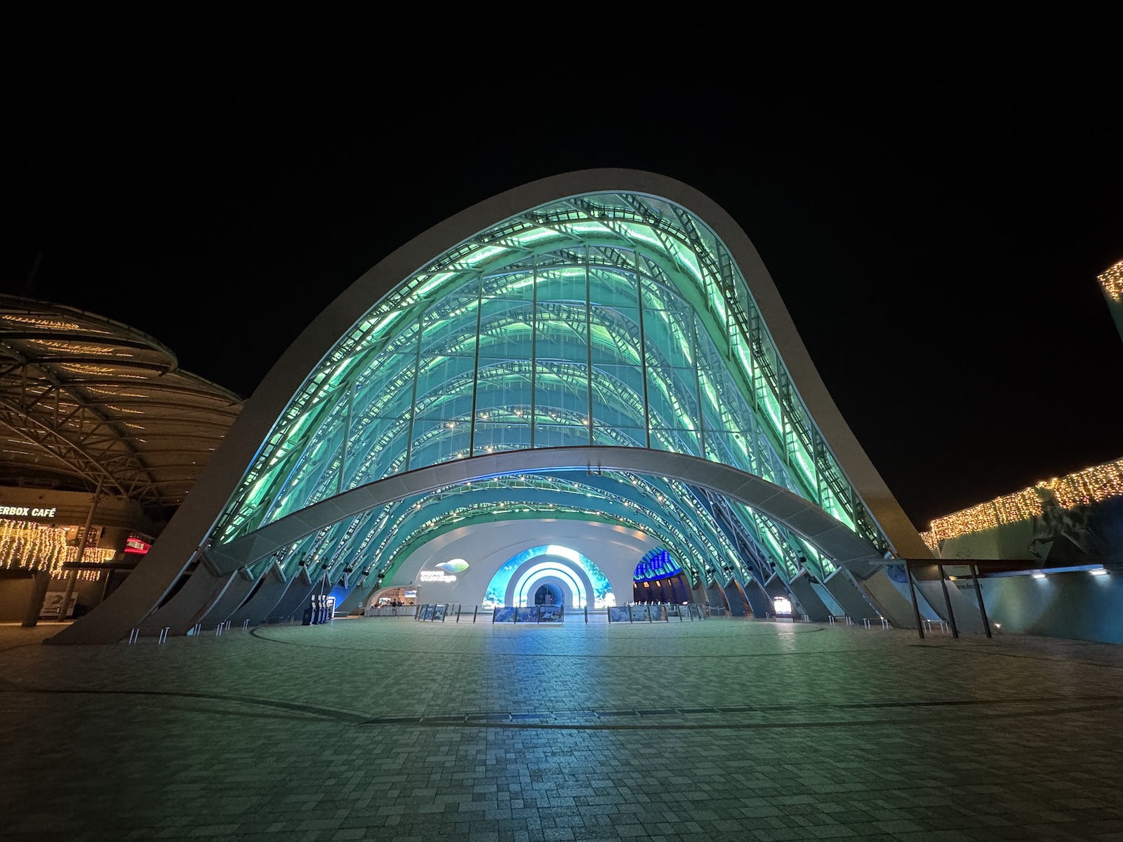 Night view of a large, wave-shaped glass building illuminated in turquoise, with a glowing arched entrance.