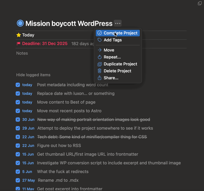 A gif showing a to-do list with a heading reading “Mission boycott WordPress”. In the gif, there is a context menu that shows the to-do list is being marked as complete