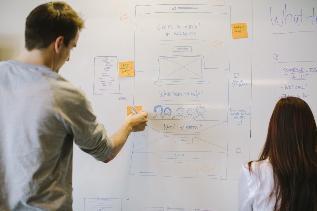 Two people in front of a whiteboard with some diagrams and post-it notes. Both are facing the whiteboard.