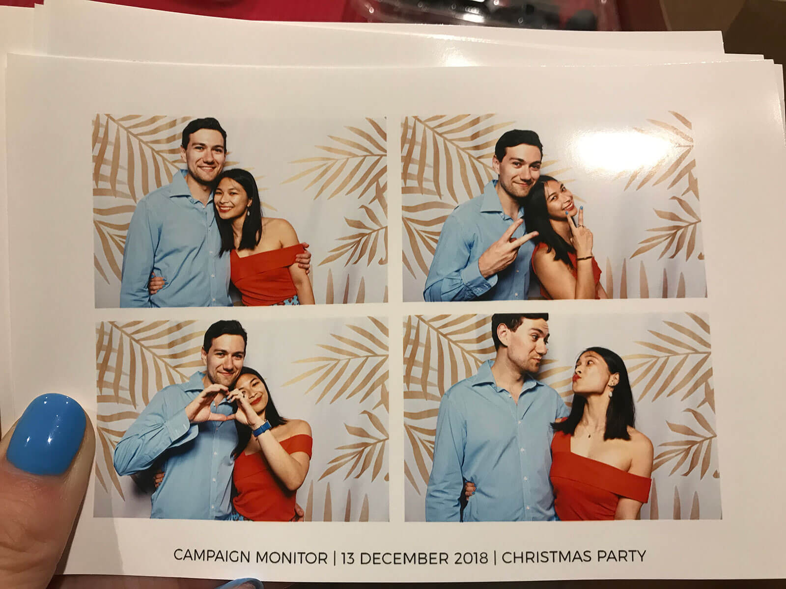 A set of four photos of a male-female couple. The woman is wearing an orange top and the man is in a blue shirt. They are smiling and posing.