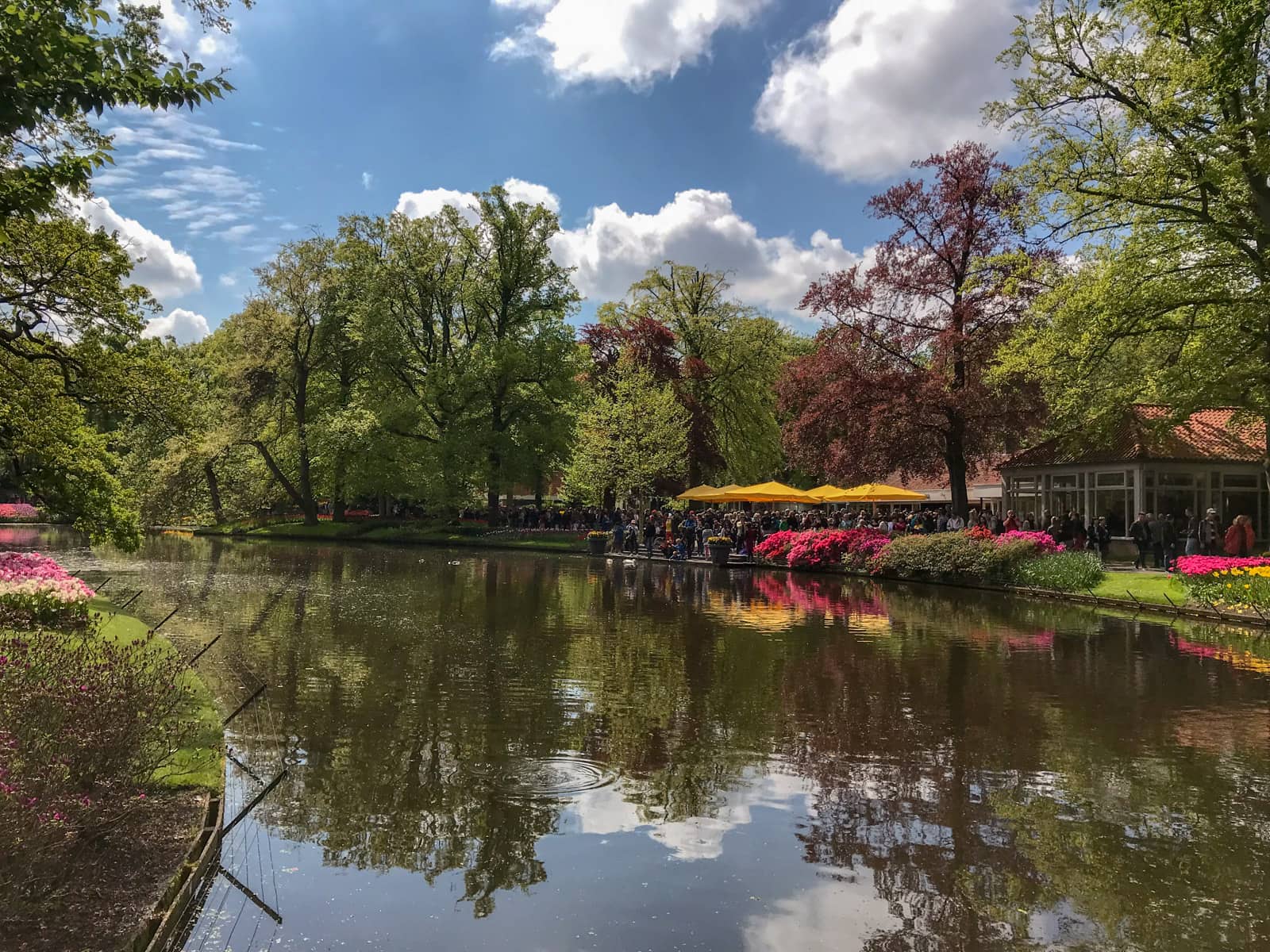 A wide river showing clear reflections. There are trees, small bushes, and tulip arrangements across the sides of the river. The sky is blue with a few clouds and it is a sunny day.