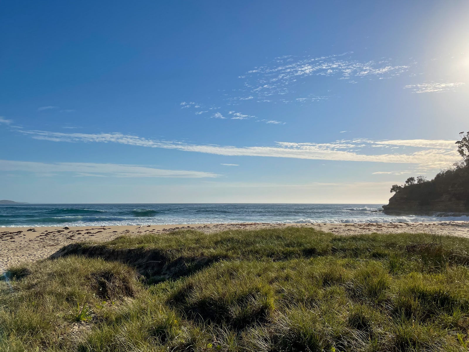 A secluded, yellow sand beach with some grass in the foreground. It is early morning and the sky is a bright blue. A cliff can be seen at the side.