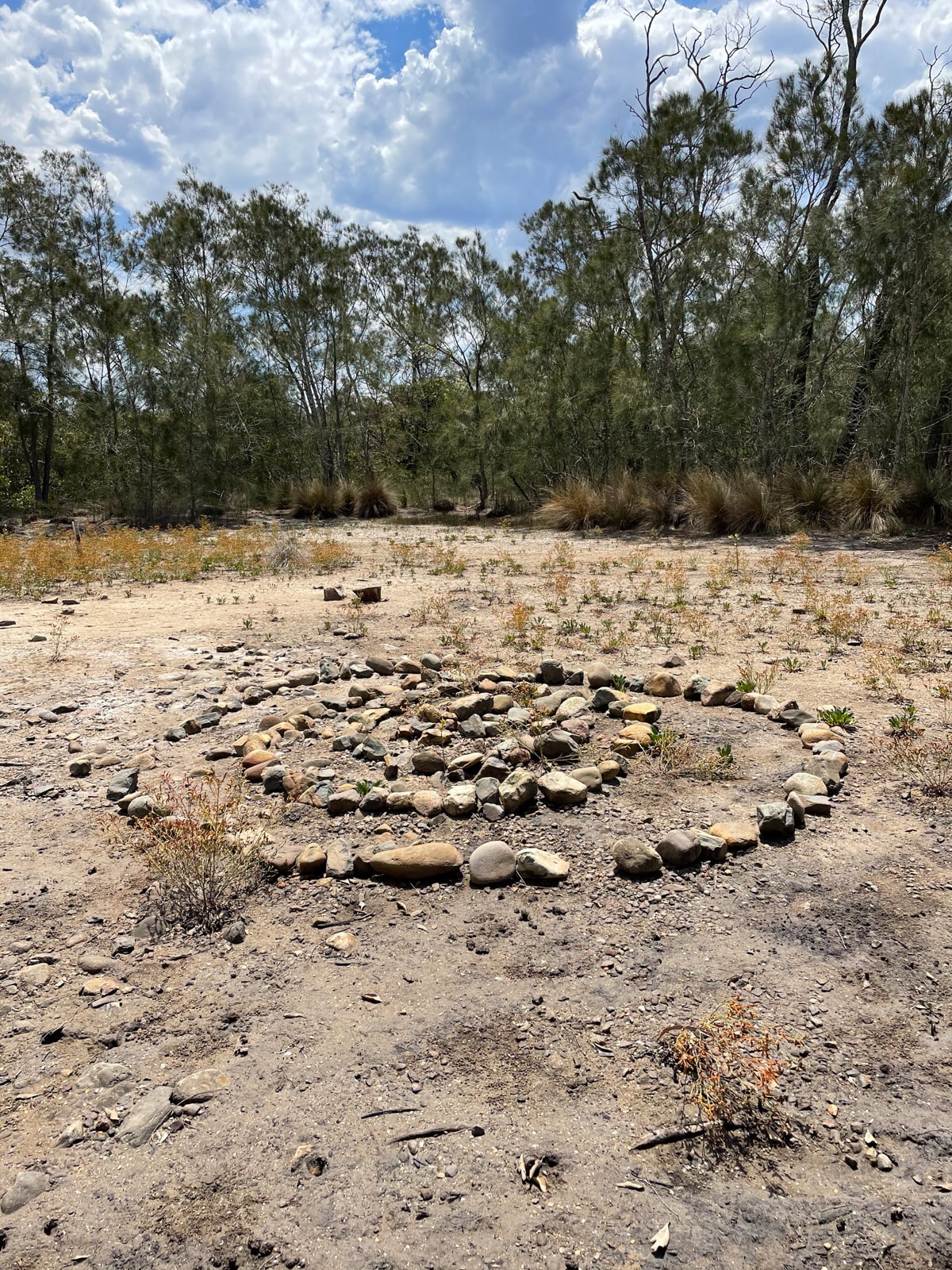 A number of small rocks arranged in a circle, on an open dirt area in a desolate place