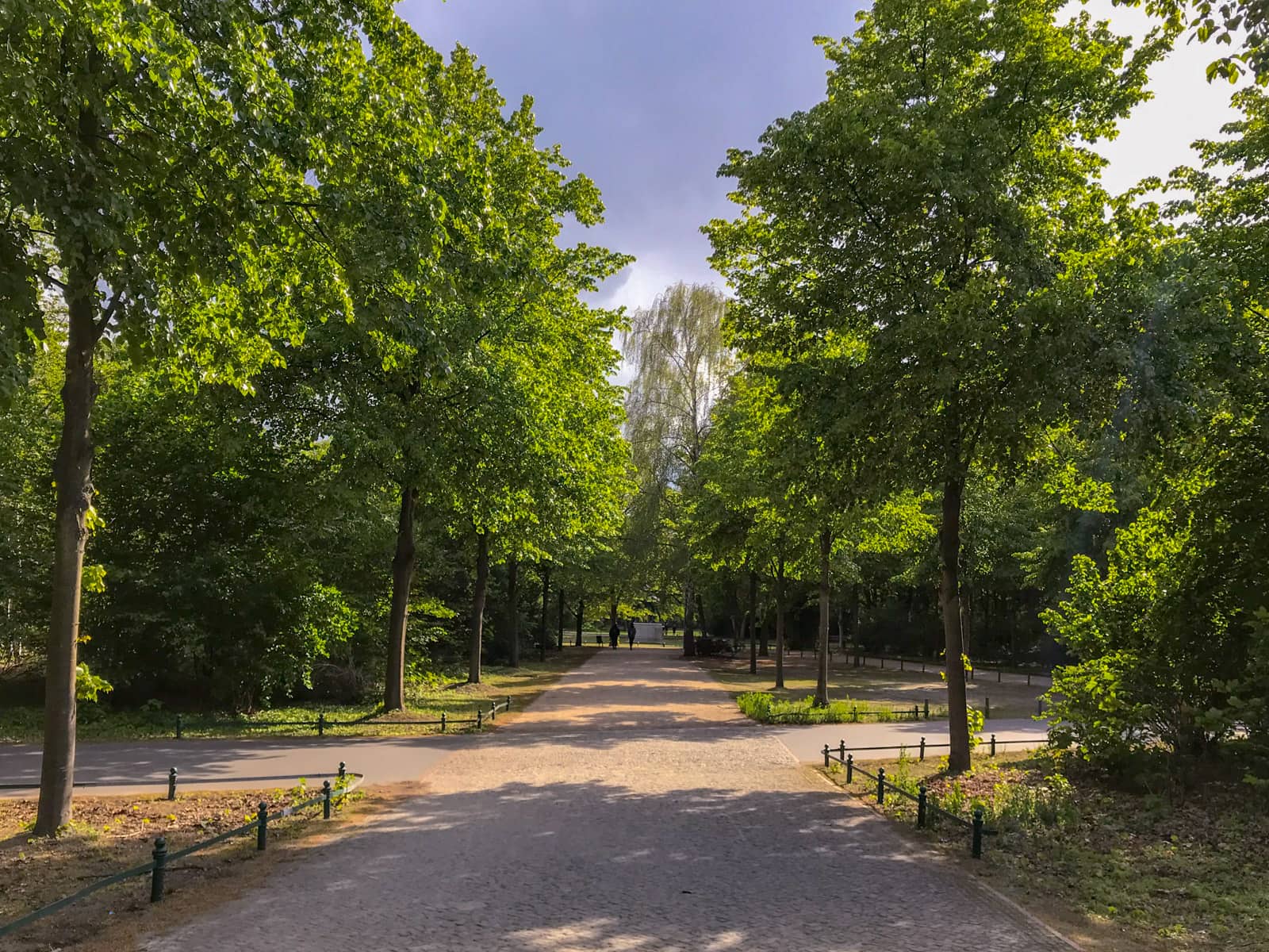 The inside of a park showing the path leading forward but with a path going from left to right. There are many trees making the park resemble a forest