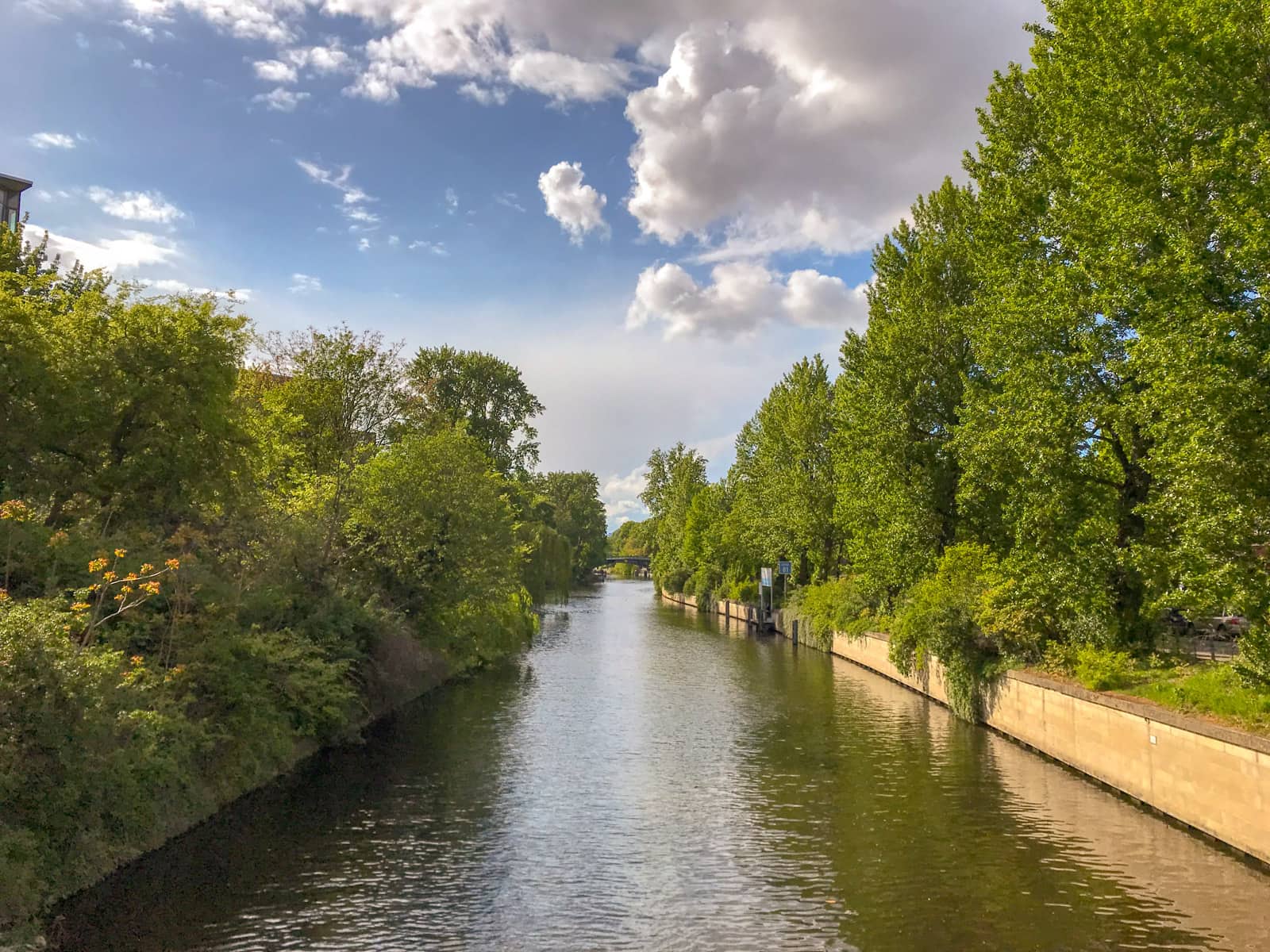 A waterway like a canal, with many lush green trees on etiher side