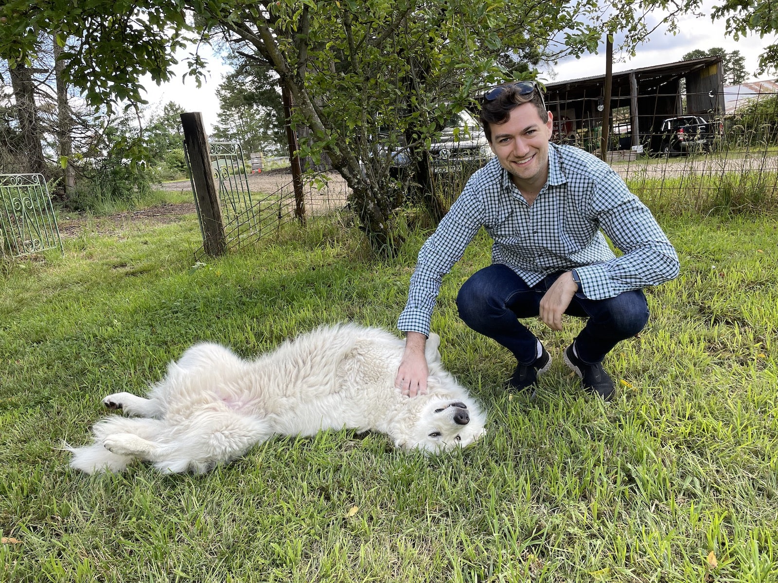Nick, a white man with dark hair, with a white maremma dog on its back. He is smiling and petting the dog
