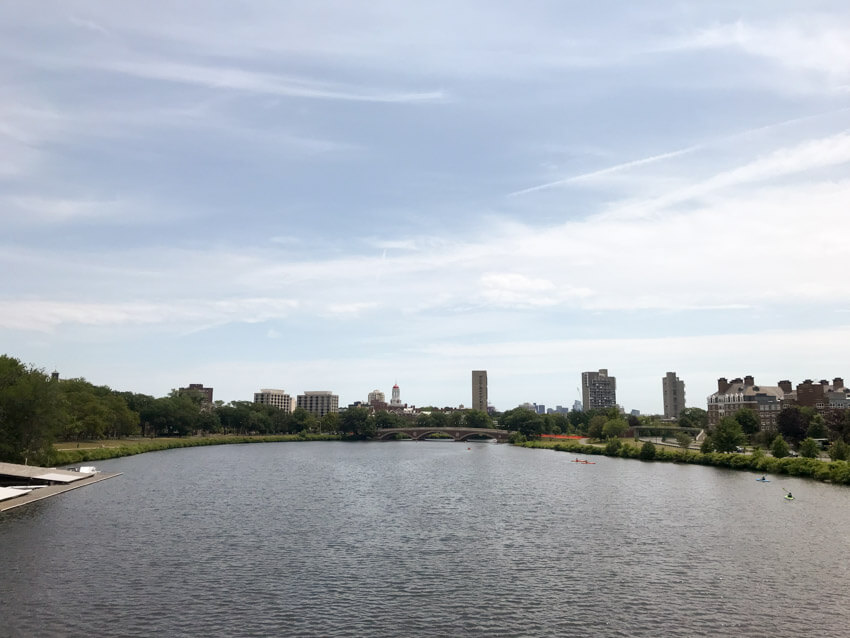 A stretch of river with land on the left and right. A bridge can be seen in the distance.