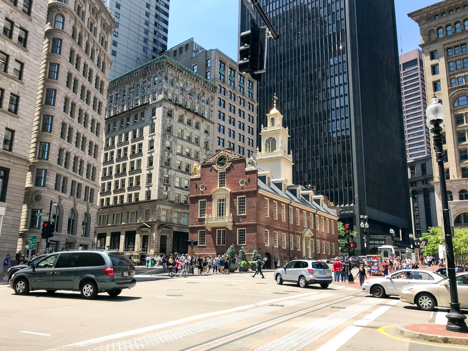 The historic city of Boston as seen from an intersection