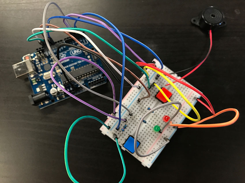 Arduino board and breadboard from Node Girls JavaScript workshop – wires in focus