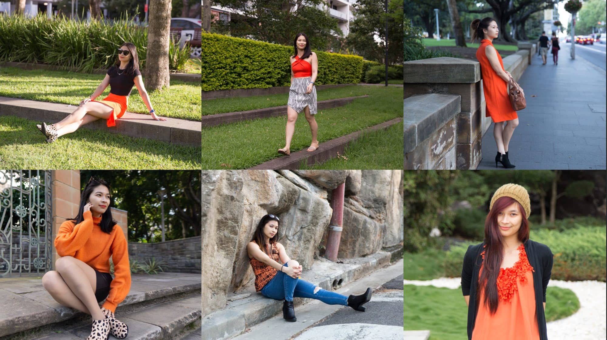 A collage of six photos of the same woman at different periods of time, posing in different outfits with a bright orange element in each of the outfits.