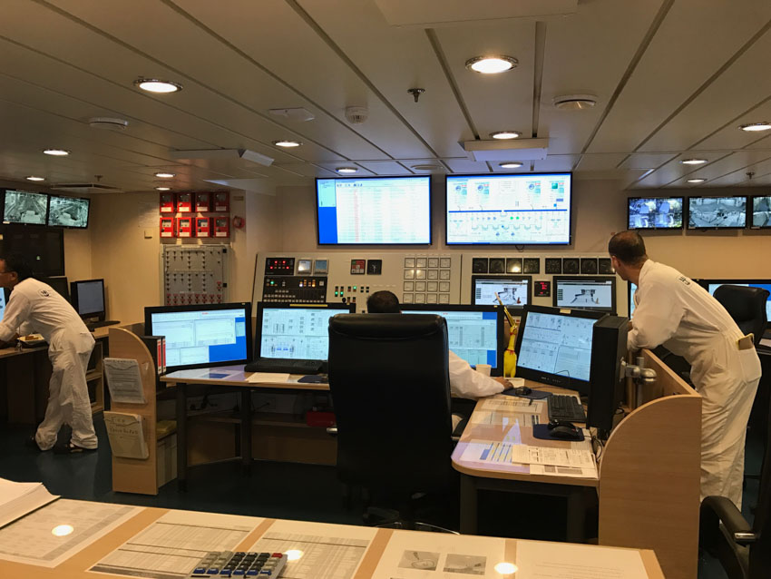 Inside the engine control room with a lot of computer screens