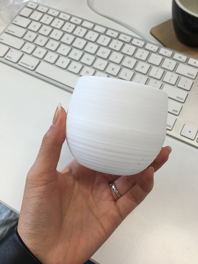 A woman’s hand holding a small white plastic pot