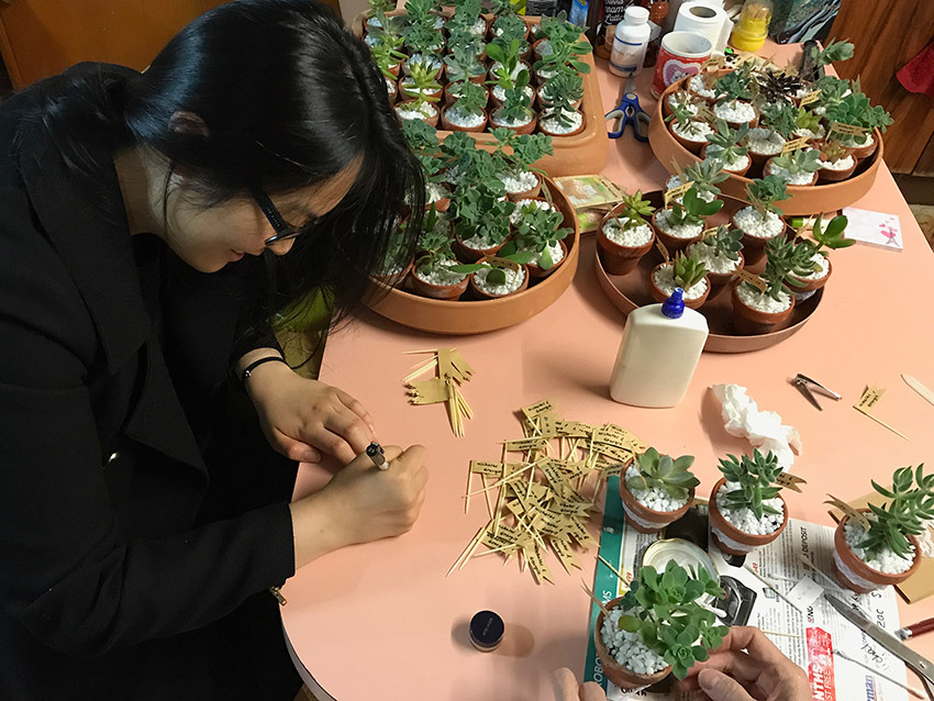 A birds-eye view of a table, showing a woman writing on small paper flags. In the background is a large number of pot plants.