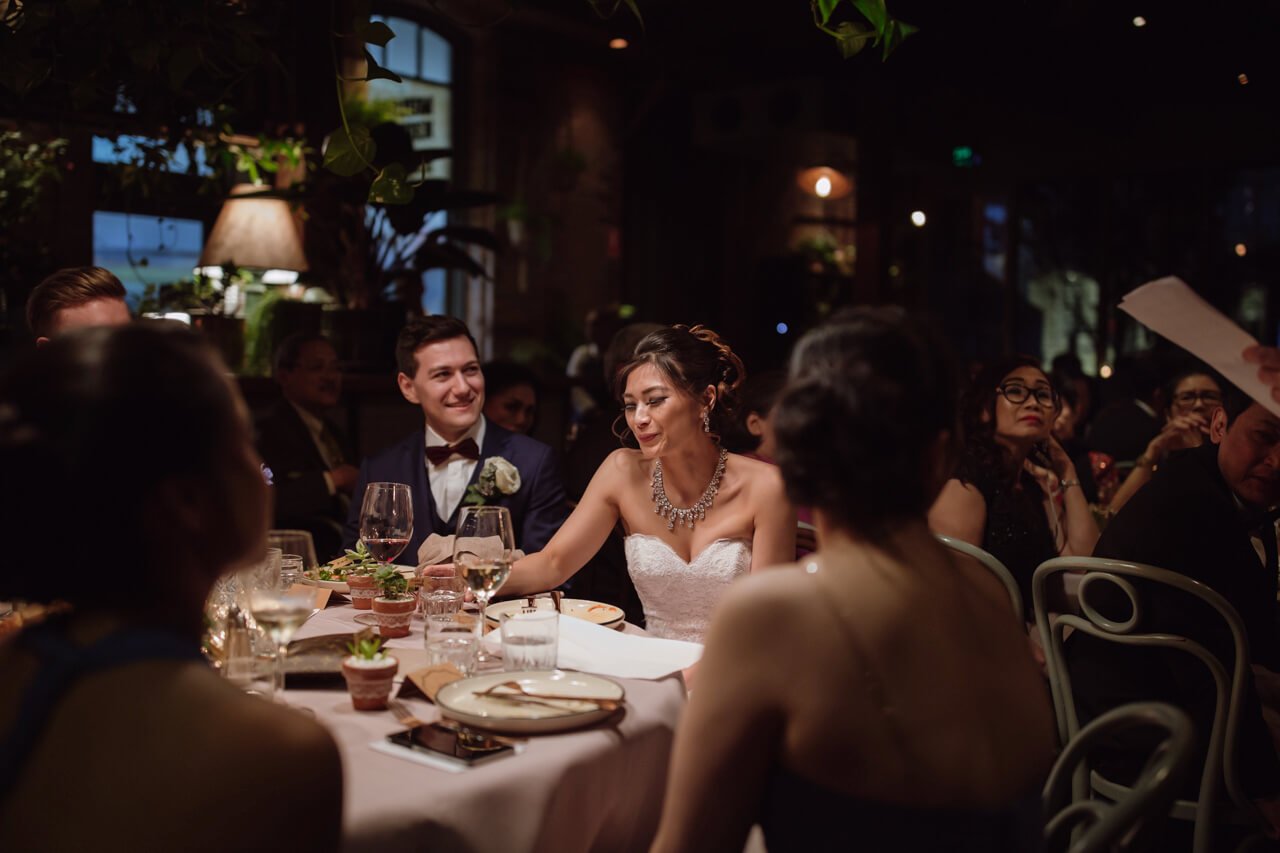 A bridal party at a wedding, in dim light