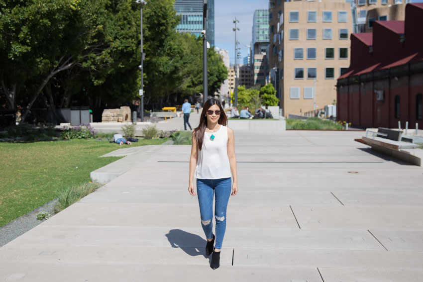 Full body shot of me walking down a walkway