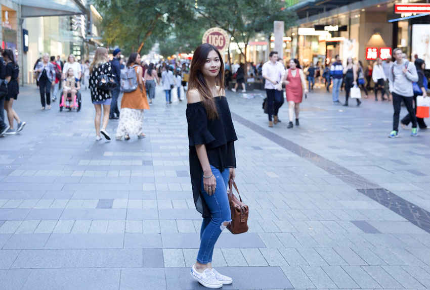 Me posing in the middle of Pitt Street Mall, slightly side-on