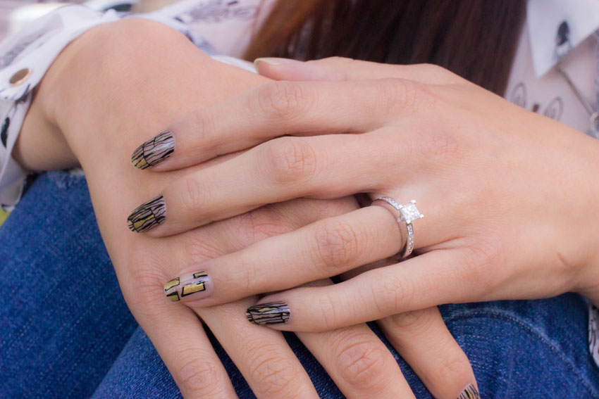 Close up of my nail art and my engagement ring