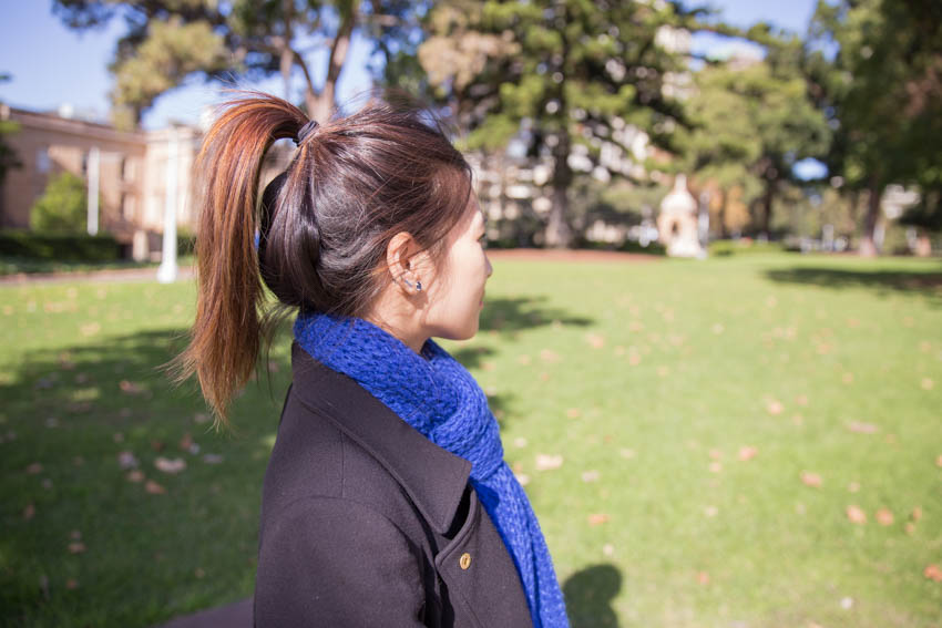 Side shot of me showing my hair tied up in a high ponytail