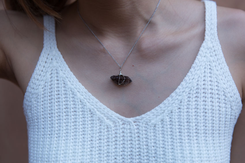 Close up of my black crystal necklace and the neckline of my top