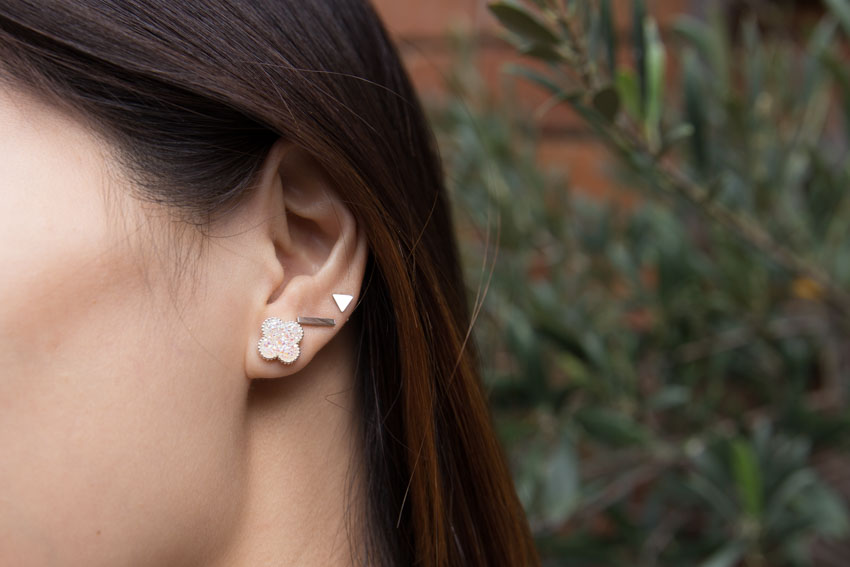 Close up of druzy earrings in my ear