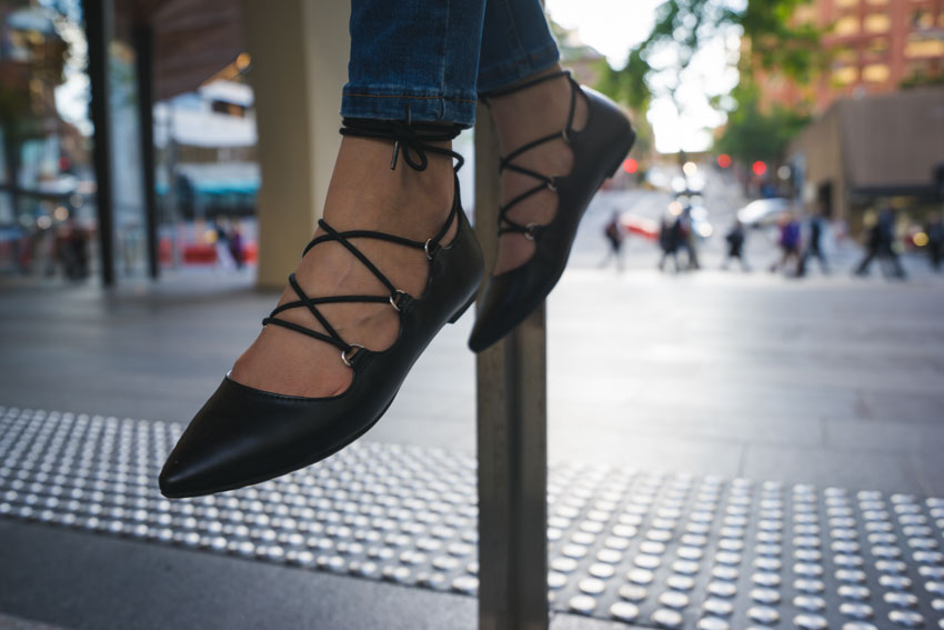 Close up of my black lace-up flat shoes