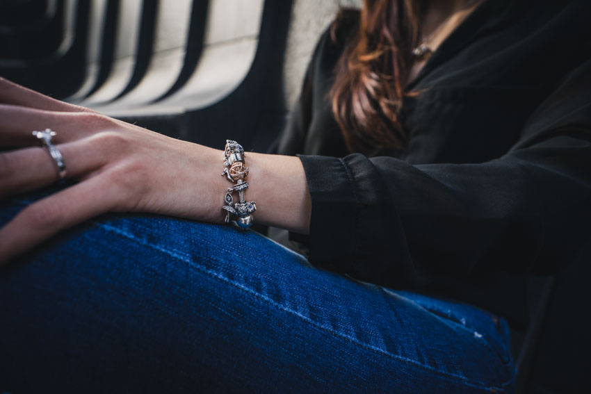 Close up of my left wrist with my Pandora bracelet and charms