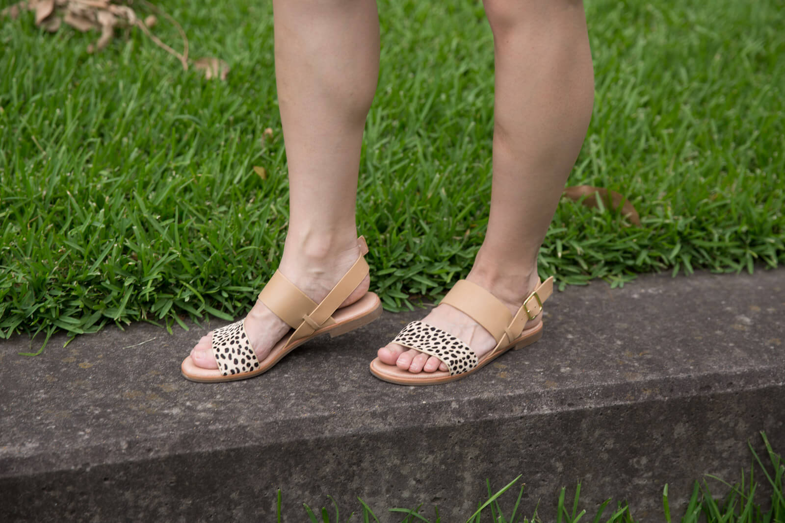 A close up of a woman wearing tan sandals with spotted animal print on the section over the toes