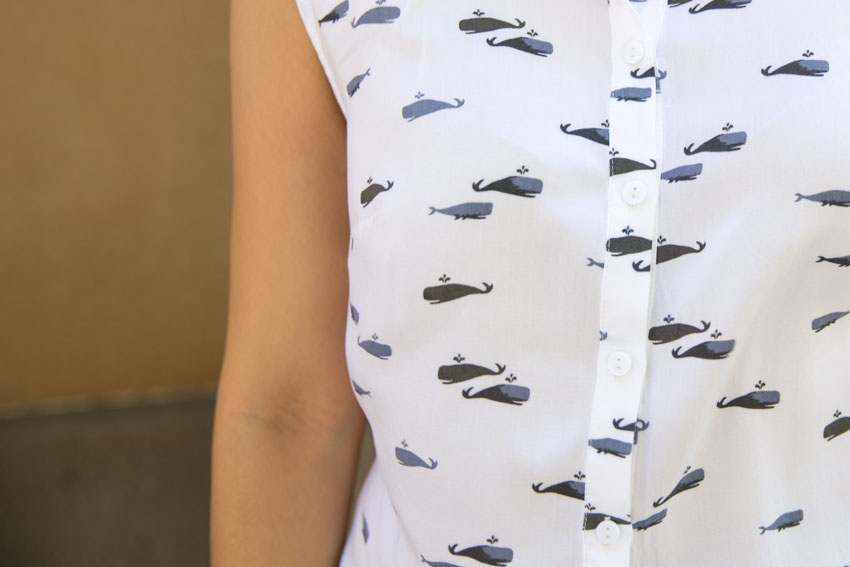A close up of the whale print on my shirt.