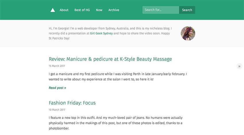 Screenshot of my blog with dark green theming for St Patrick’s Day