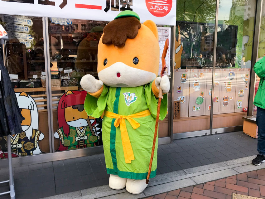 A person dressed up in a costume resembling a cat, with brown “hair” and a bright green cap. The costume also comes with a bright green toga and the person is holding a brown staff that has one jagged end.